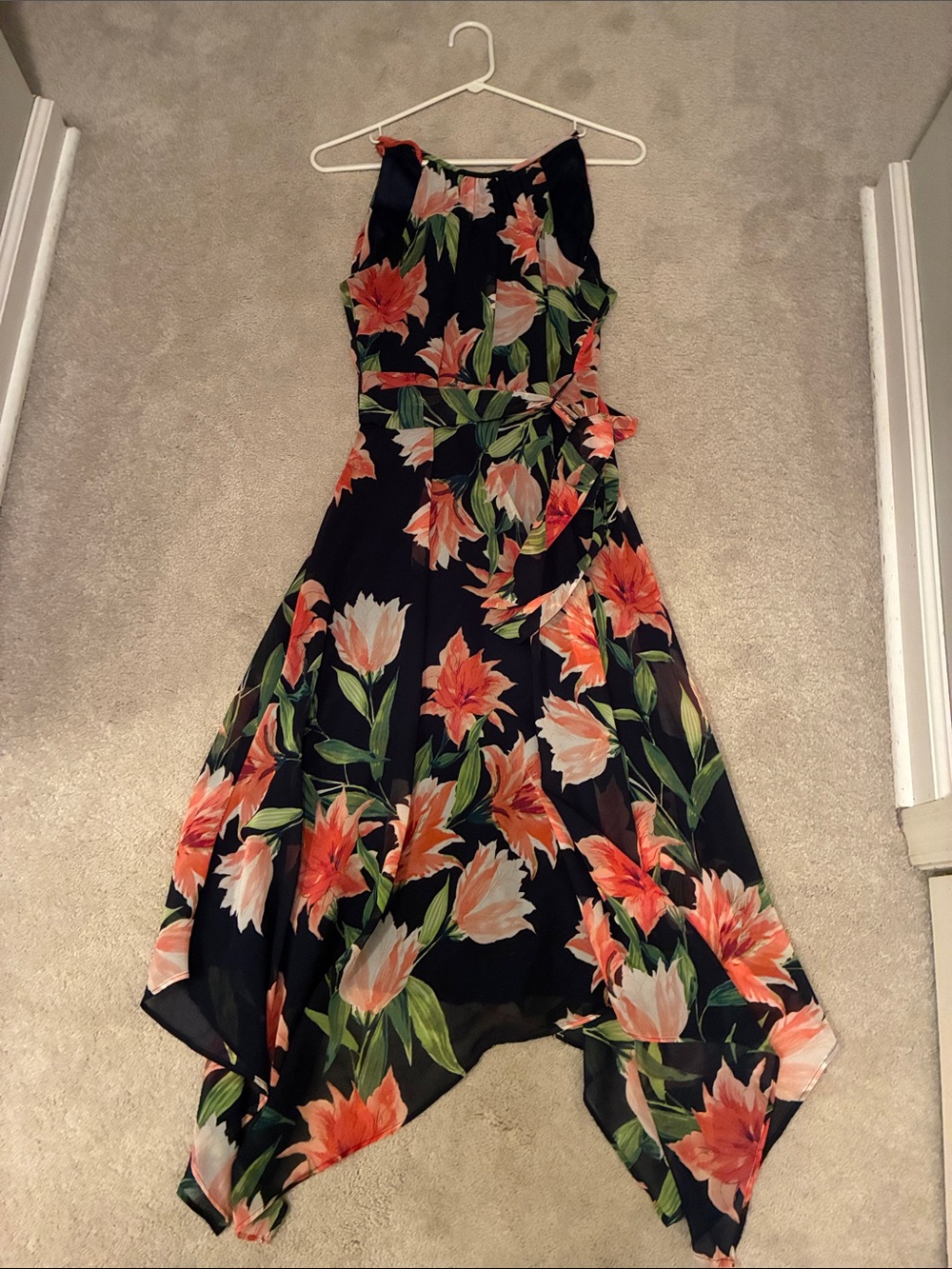 Eliza J Asymmetrical Floral Dress with Coral, Navy & Green Print